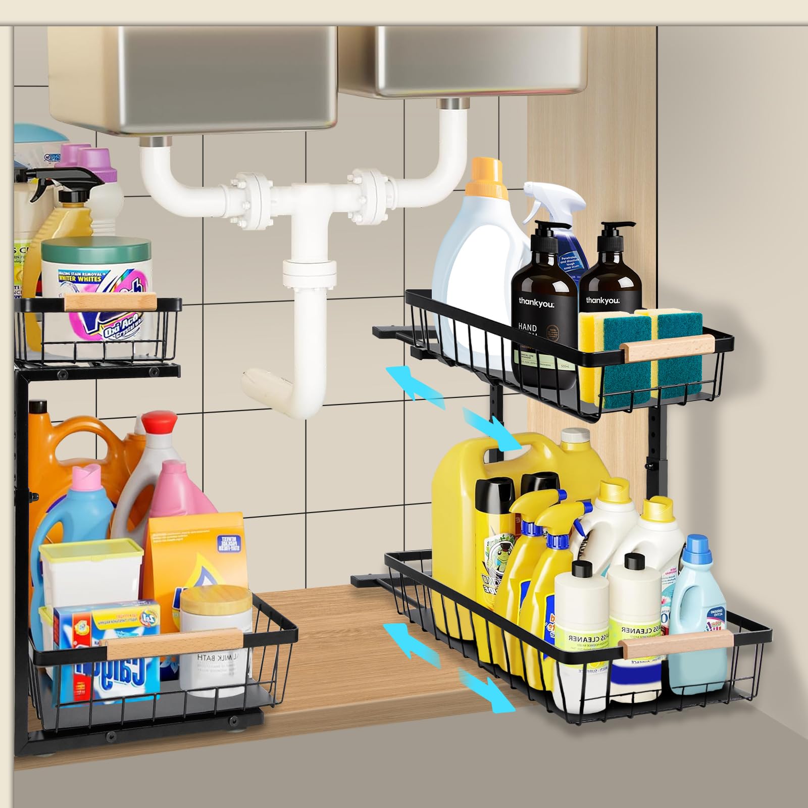 Photo 1 of Vegoran 2 Pack Under Sink Organizers and Storage,Height Adjustable Cabinet Organizers Shelf,2 Tier Metal Pull Out Cabinet Organizer Drawers,Kitchen Bathroom Closet Sink Organization (Black, 2 Pack)