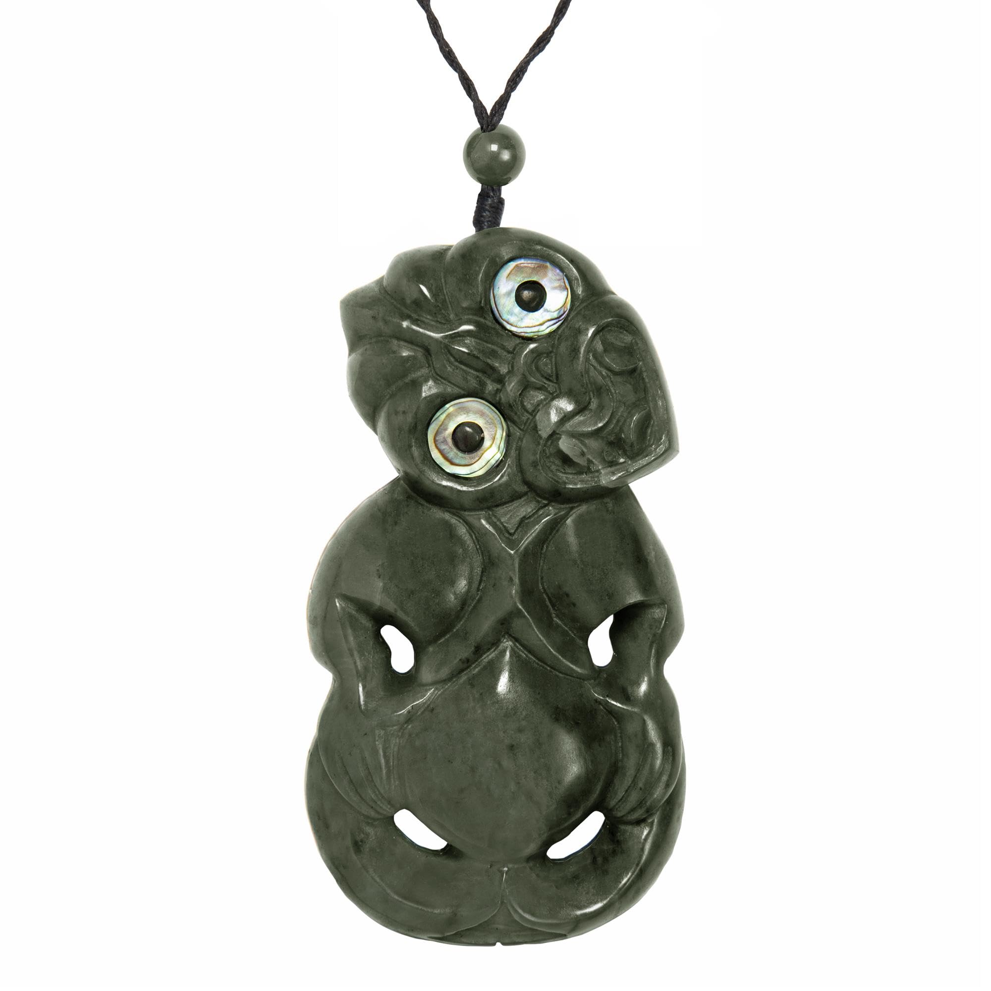 81stgeneration Nephrite Jade Extra Large HEI Tiki Pendant with Paua Shell Eyes - Maori Style Cord Necklace for Men - Natural Greenstone Jewellery - Heavy Hand-Carved Design - Green Gemstone Talisman