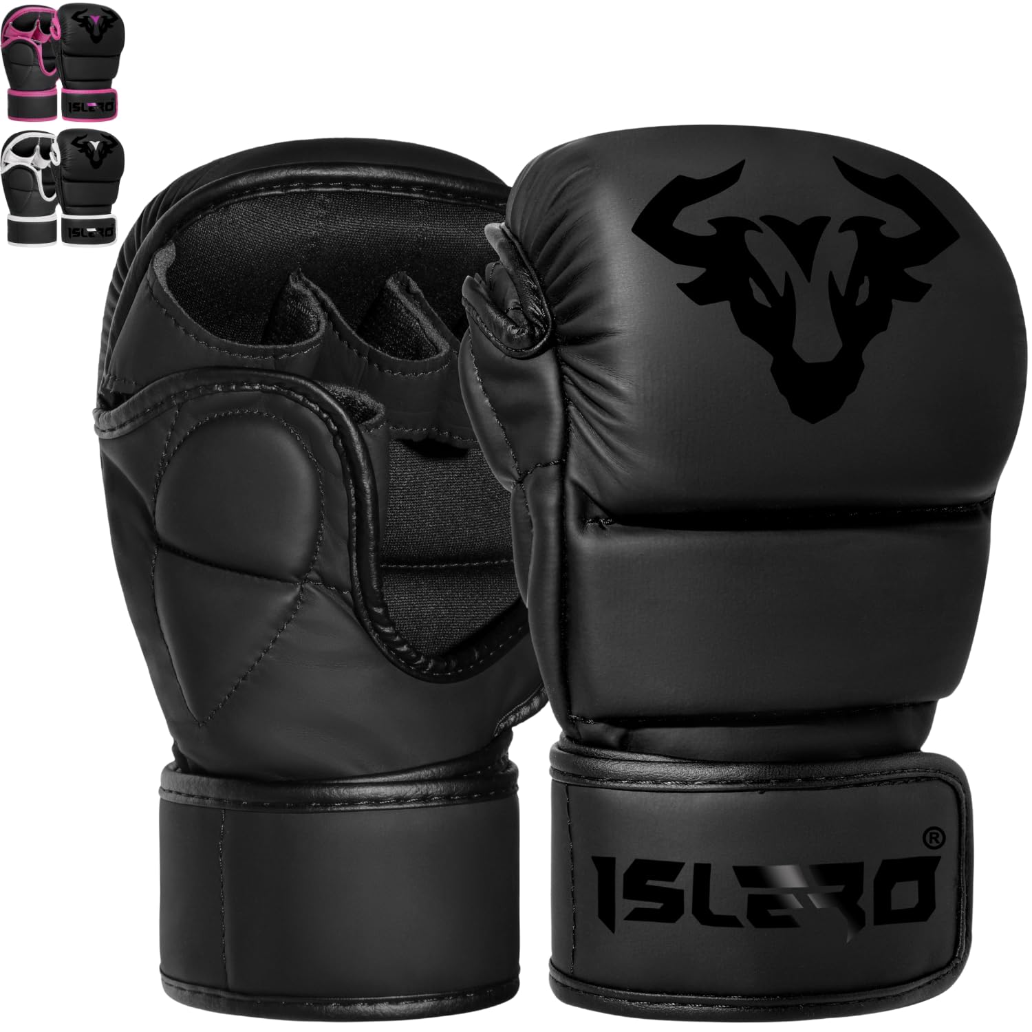 Islero Fitness Matte Black MMA Gloves Martial Arts Mitts Grappling Sparring Men Muay Thai Cage Fighting Boxing Combat Sports Women pink UFC Punching Bag Training (Black, X-Large)