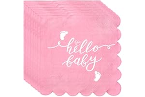 100pcs Pink Baby Shower Napkins, Scalloped Hello Baby Cocktail Napkins 2 Ply Disposable Napkins Decorative Neutral Dinner Nap