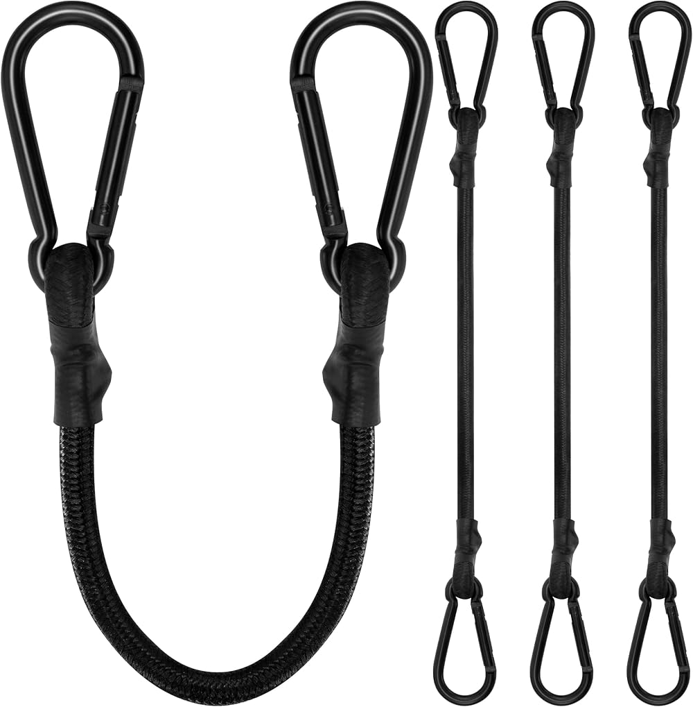 Rugtol 4 Pack Bungee Cords with Carabiner 18in Heavy Duty Black