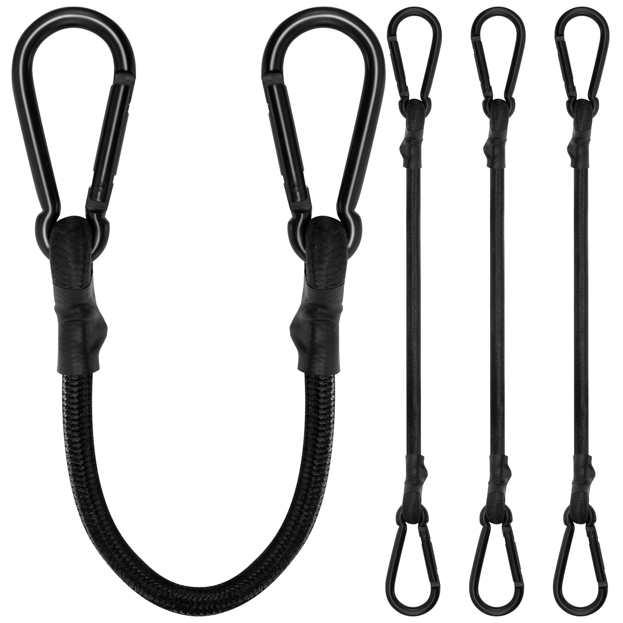 Bungee Cords with Carabiner Clips, 4 Pack Long Heavy Duty Carabiner Bungee Cord 50 cm, Extra Strong Black Bungee Straps with Carabiner Hooks for Camping, Tarps, Bike Rack, Tent, Car