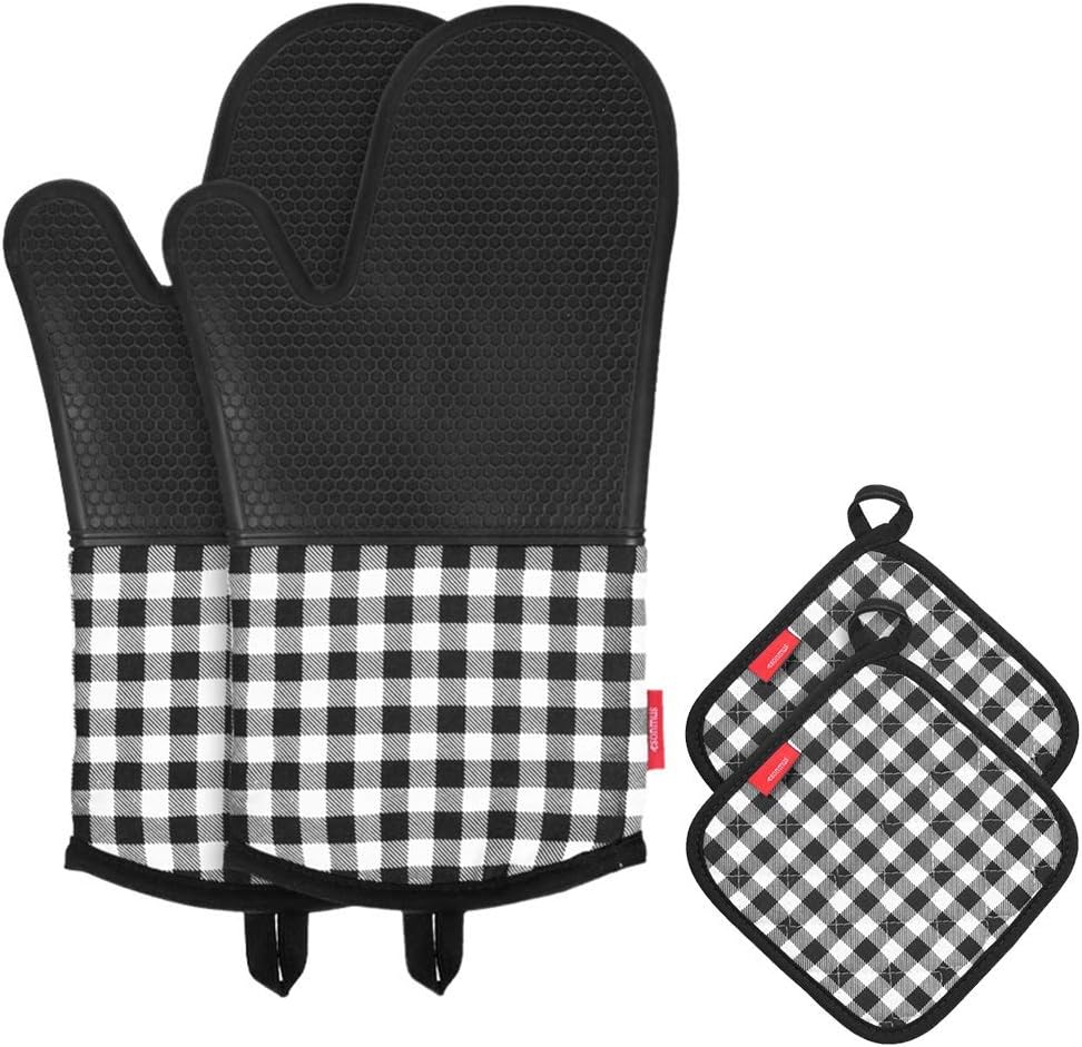 esonmus Heat Resistant Silicone Oven Gloves, Non-Slip Oven Mitts 2+ Cotton Pot Holders 2 , for Kitchen Cooking Baking Grilling Barbecue