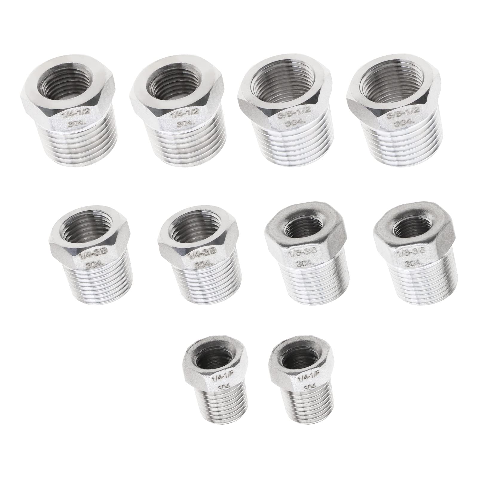ECSiNG 10x Threaded Bush Adapter Female to Male 1/8 to 1/4 3/8 to 1/2 1/4 to 3/8 1/8 to 3/8 1/4 to 1/2 BSP Connector 304 Stainless Steel for Joining Air Line Hose