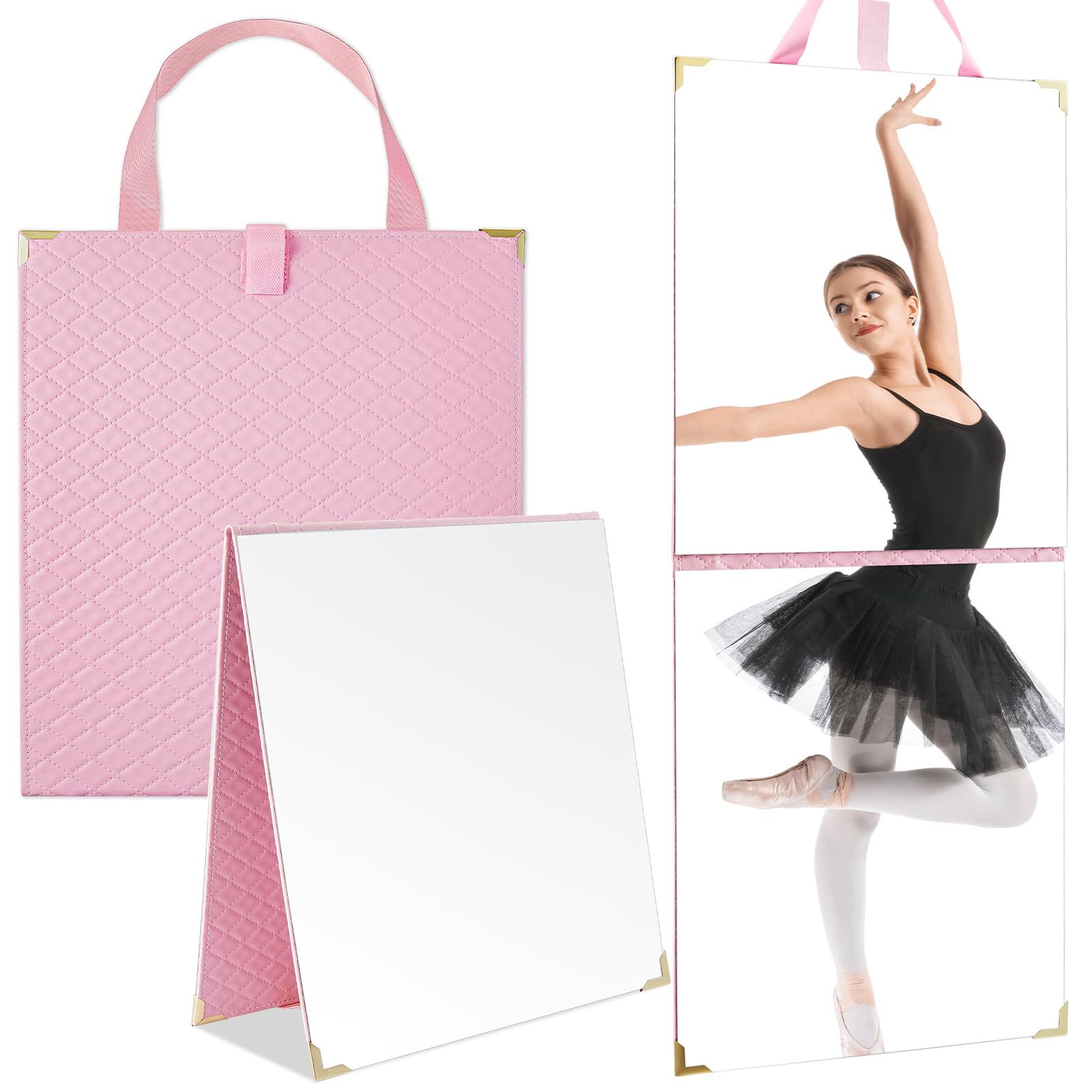 Photo 1 of Chunful Frameless Travel Hanging Mirror Leather Foldable Full Length Backstage Makeup Mirror with Handle for Travel Dance Competition Home Fitness Gift(Pink,24.61 x 11.22 Inches)