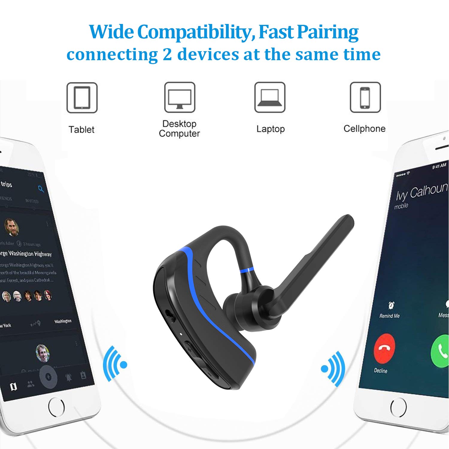 Bluetooth Headset Wireless Earpiece - Ultralight Wireless Bluetooth headset in Earbuds V4.1 w/Mic Noise Cancelling for Business/Office/Driving, Compatible with iPhone, Android Smartphones (Blue)