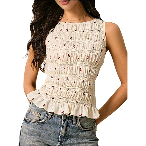 Women Shirred Tank Top Ruffle Sleeveless Tanks Frill Pleated