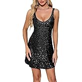 Trancylight Women's Glitter Sequin Dress Spaghetti Strap V Neck Party Cocktail Sparkly Mini Dress Clubwear