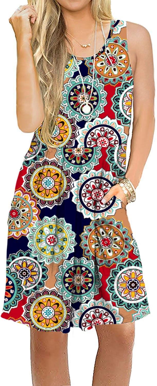 Women's Sleeveless Loose Swing Casual Print Floral Pleated Dress with Pockets Knee Length (S, New Round Red)