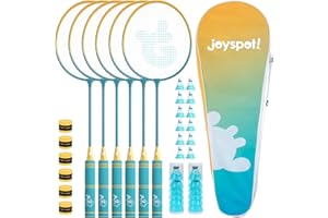 JOY SPOT! Badminton Rackets Set of 6 for Outdoor Backyard Games,Including 6 Rackets, 12 Nylon Shuttlecocks, 6 Replacement Grip Tapes and 1 Carrying Bag, Lightweight Badminton Racquets for Kids Adults Beginners
