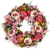 BOMAROLAN Artificial Peony Flower Wreath 19Inch Vintage Blooming Silk Peonies Spring Summer Fall Winter Large Wreaths Flower Green Leaves for Outdoor Front Door Indoor Wedding Wall Or Window Décor