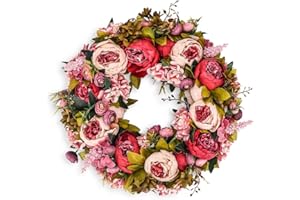 BOMAROLAN Artificial Peony Flower Wreath 19Inch Vintage Blooming Silk Peonies Spring Summer Fall Winter Large Wreaths Flower Green Leaves for Outdoor Front Door Indoor Wedding Wall Or Window Décor