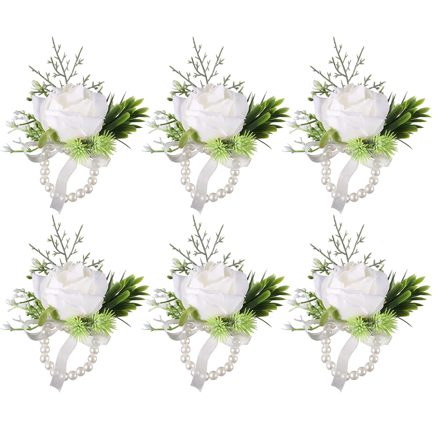 YunJiaoon Wrist Corsages for Wedding(Set of 6), Ivory Rose Corsage with Bracelet for Wedding Mother of Bride and Groom, Prom Flower