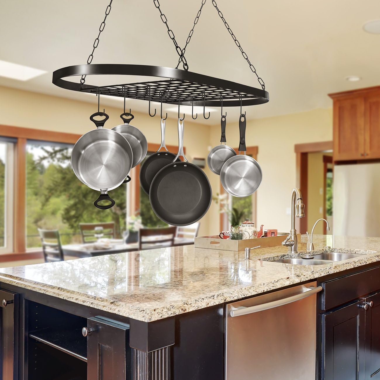 Sorbus Pot and Pan Rack for Ceiling with Hooks — Decorative Oval Mounted Storage Rack — Multi-Purpose Organizer for Home, Restaurant, Kitchen Cookware, Utensils, Books, Household (Hanging Black): Kitchen & Dining