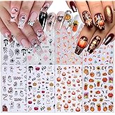 8 Sheets Halloween & Autumn Nail Art Stickers Spider Web Nail Stickers 3D Self-Adhesive Pumpkin Face Fall Leaves Ghost Mushroom Bat Nail Decals Thanksgiving Nail Supplies Decoration for Women