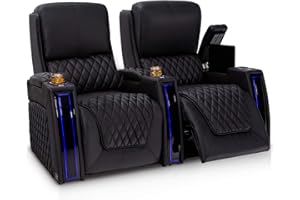 Seatcraft Apex Home Theater Seating - Living Room - Italian Leather - Power Recliner - Power Headrests - Power Lumbar - LED Armrests - SoundShaker - USB Charging - Cup Holders (Row of 2, Black)