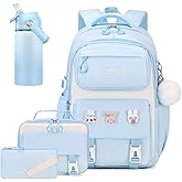 DIGOBAY 7PCS School Backpack for Girls Set with 14oz Kids Insulated Water Bottle, Kids Girls Backpack for with Lunch Bag Pencil Case for Girl Kindergarten Elementary Middle School Blue