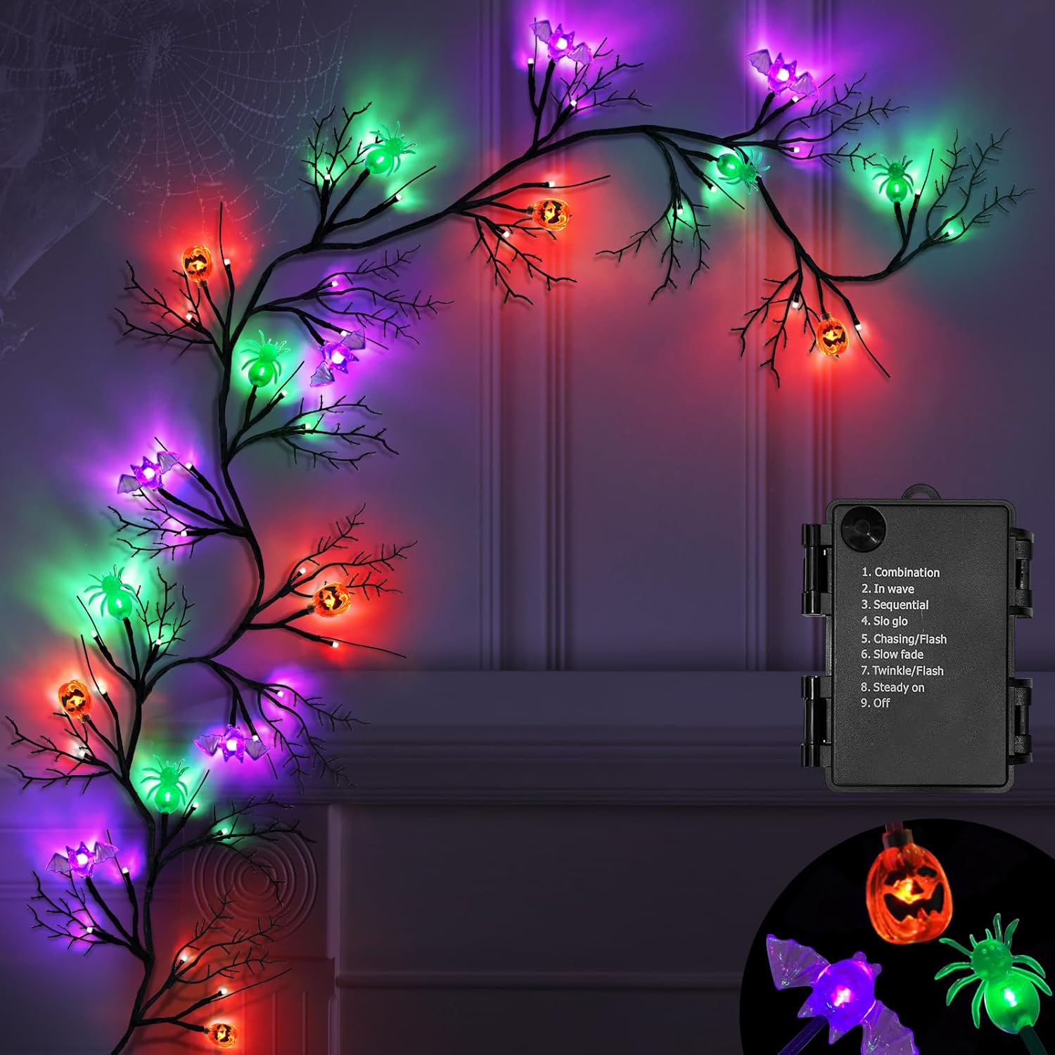 Wreaths, Garlands & Swags - SURCVIO [ 8 Modes & Timer ] 6 Ft 54 LED Halloween Willow Vine Twig Decor Garland with 6 Bats & Pumpkins & Spiders Lights Waterproof Battery Operated Halloween Decorations Home Wall Fireplace Decor