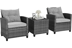 HAPPYGRILL 3 Pieces Patio Conversation Set, Outdoor Furniture Set PE Rattan Sofa Set with Removable Cushions, PE Wicker Chair