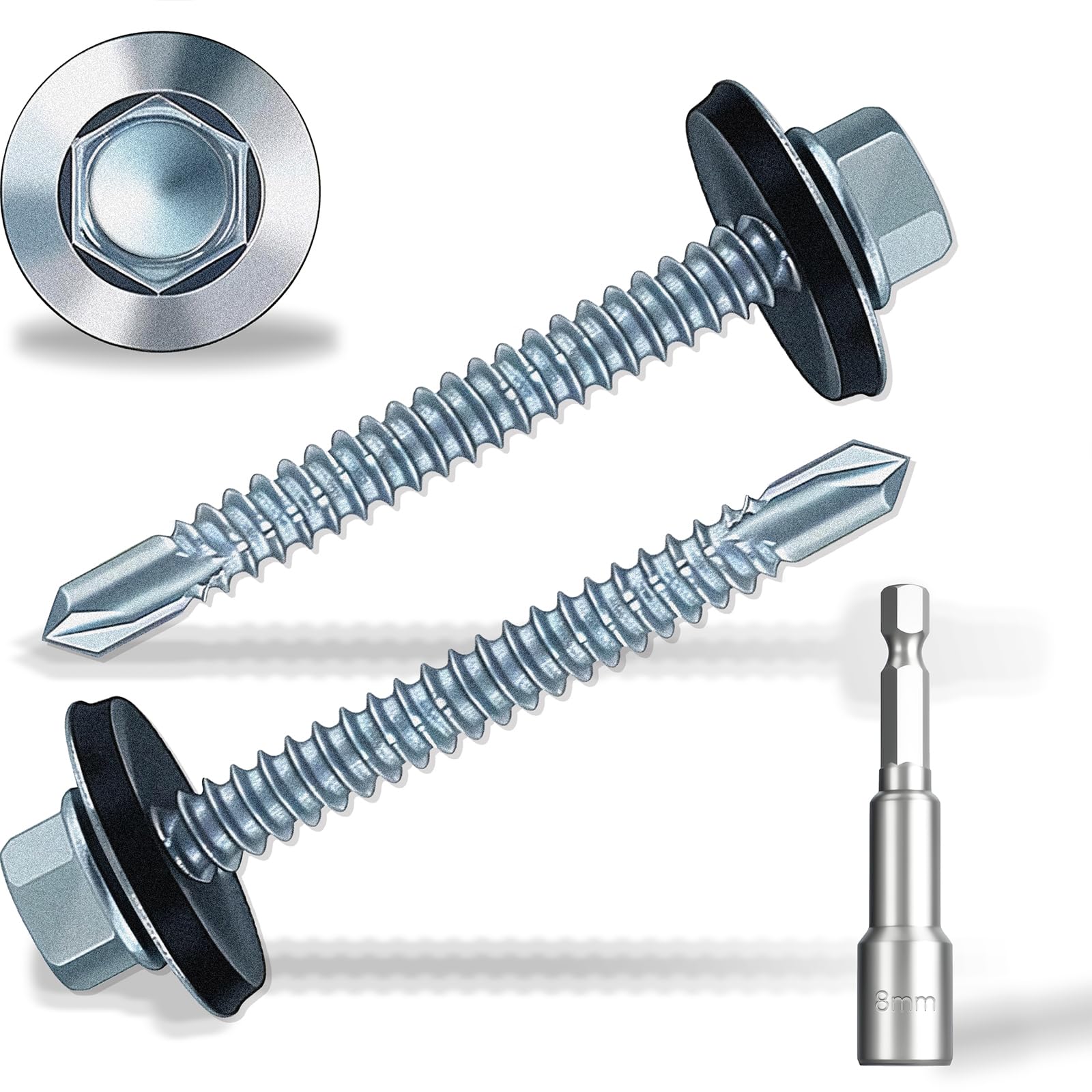 4.8x38 mm Self-Drilling Roofing Screws, 60 pcs Hex Head Self Tapping Screws, Hex Head Self-Drilling Roof Screws with Rubber Sealing Washer. with Hex Socket, Zinc Plat.