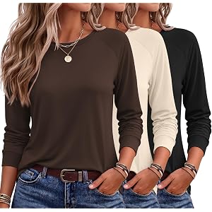 Ekoauer Womens Long Sleeve Shirts Raglan Thermal Tops 3 Pack Fall Clothes | Casual Color Block Shirt, Crew Neck Basic T-Shirt