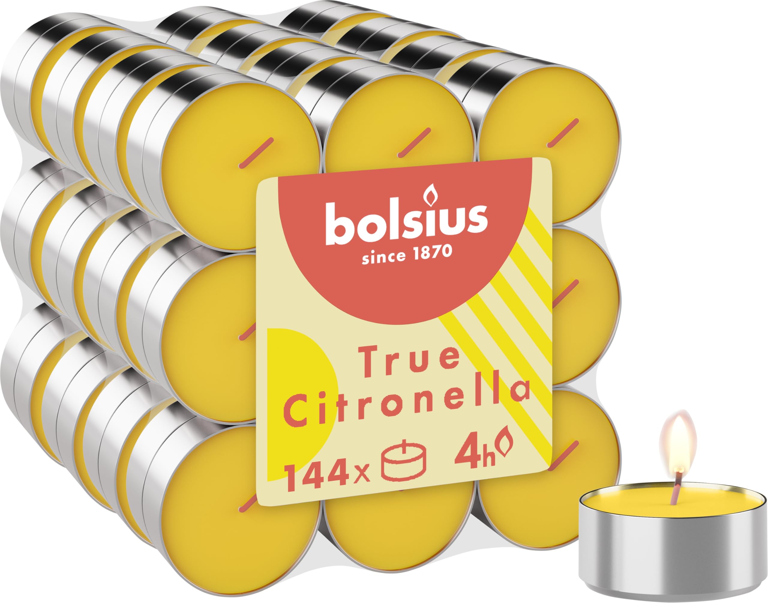 Bolsius Outdoor Tealight - Fragranced Tealight - Citronella - Yellow - Pack of 144 - Long Burning Time of 4 Hours - Outdoor Candle - Exterior Decoration - Natural Extracts - Vegan Wax - No Palm Oil