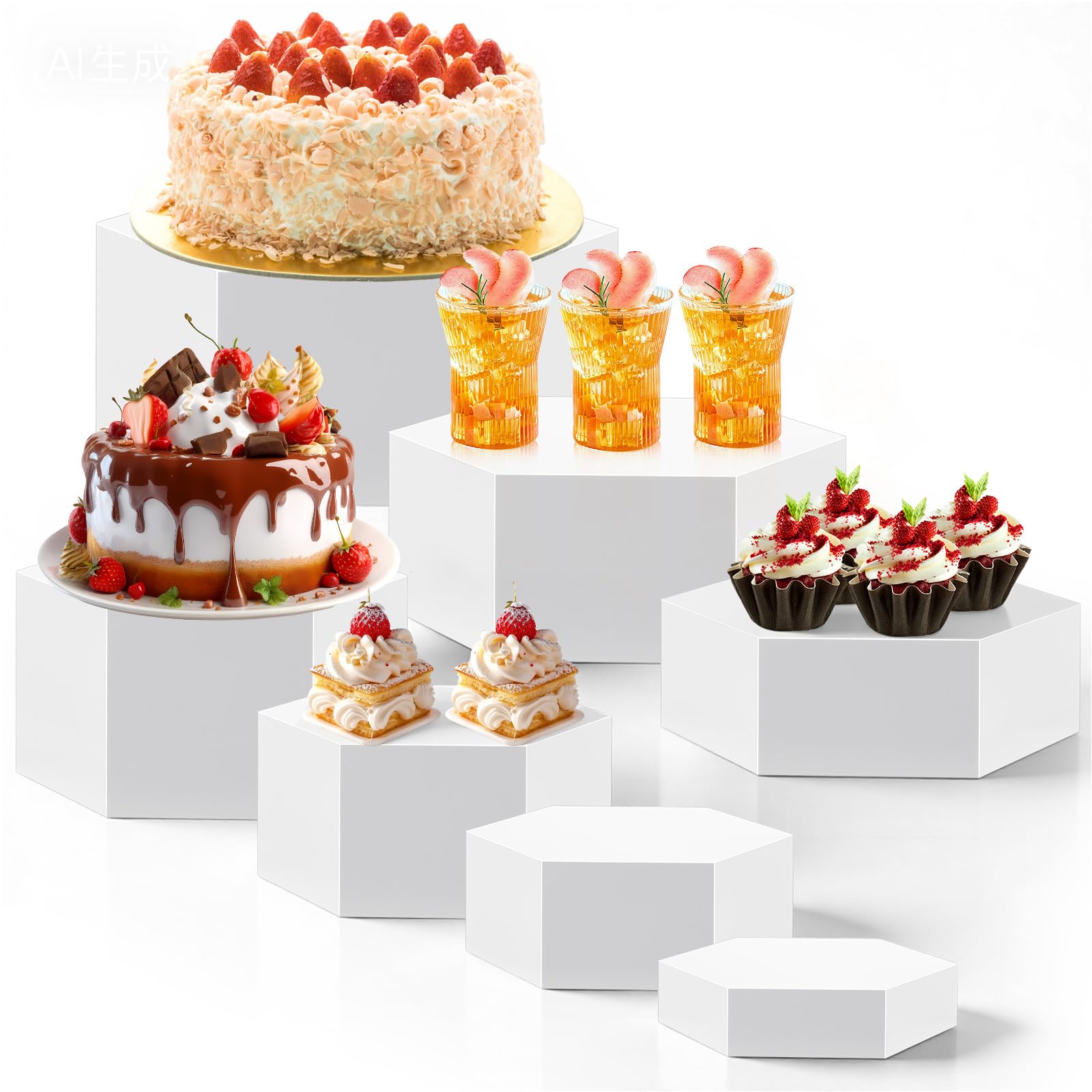 Photo 1 of Leinuosen 7 Pcs Buffet Risers, Hexagonal 6" to 12" Food Risers for Buffet Table Large Acrylic Cube Display Stand Shelf Nesting Boxes with Hollow Bottom for Party Catering Dessert Collectibles(White)