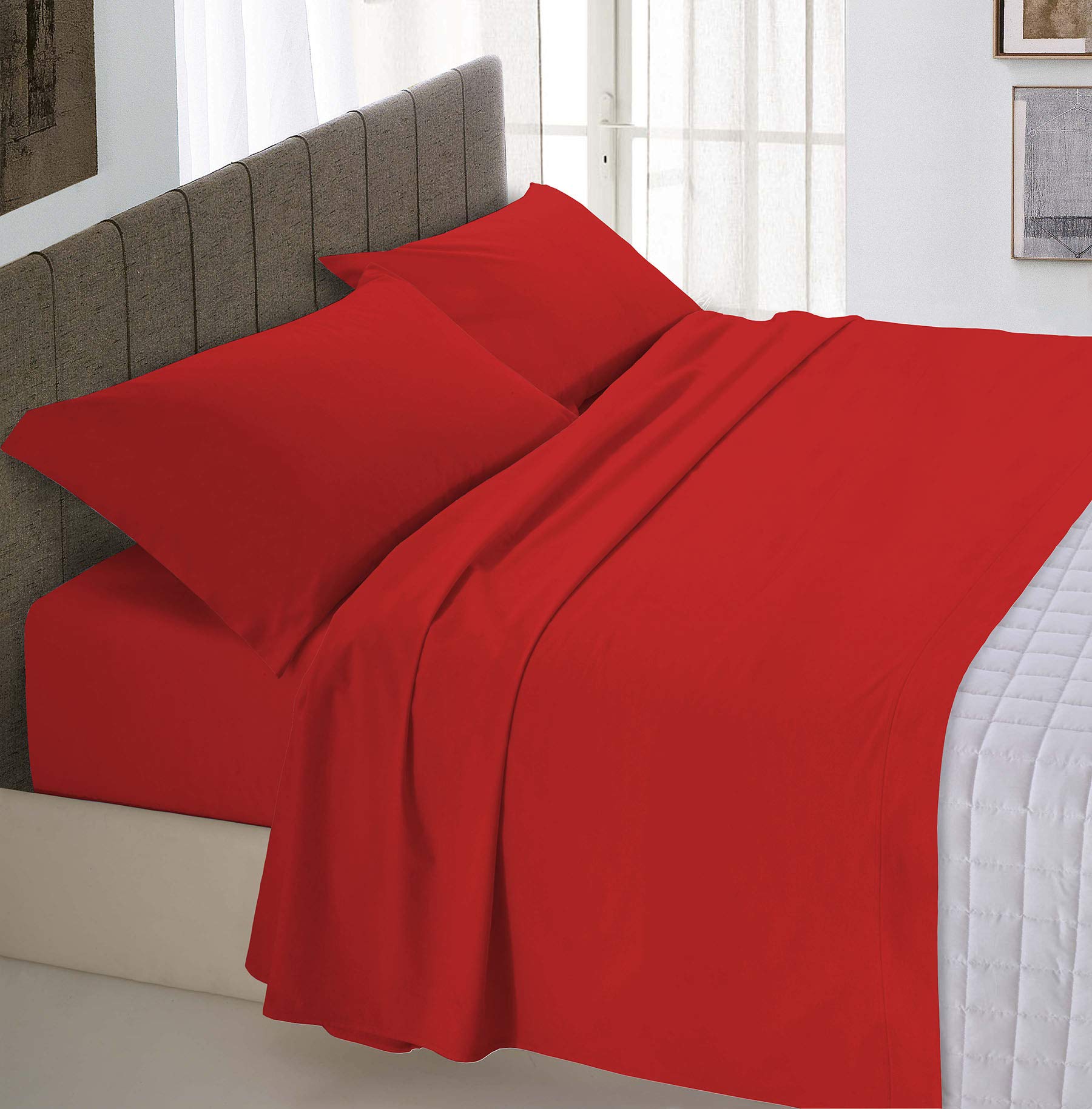 Italian Bed Linen Max Color Bed Linen Set (Flat 250x300, Fitted Sheet 170x200cm+2 Pillowcases 52x82cm), red, Double