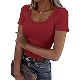 GKBK Women's Short Sleeve Tops Scoop Neck Lace Trim Ribbed Fitted Tight Shirts Casual Basic Tee Spring Clothes 2026 Trendy