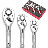 TOMMARS Stubby Ratchet Set, 1/4", 3/8", 1/2" Drive Ratchet Handle Wrench 72-Tooth Quick-Release Reversible