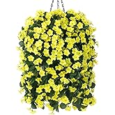 MJFloria Artificial Faux Hanging Flowers Plants Baskets for Outdoor Outside, Fake Silk Yellow Orchid Trailing Vines in Planter Realistic UV Resistant for Balcony Porch Decor