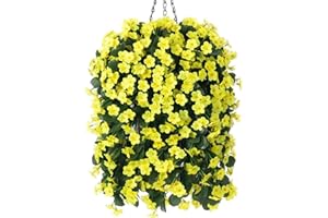 HyeFlora Artificial Fake Hanging Outdoor Flowers Plants Basket, Faux Silk Yellow Orchid Flowers UV Resistant Realistic Hanging Planter for Outside Porch Patio Home Garden Yard Decoration