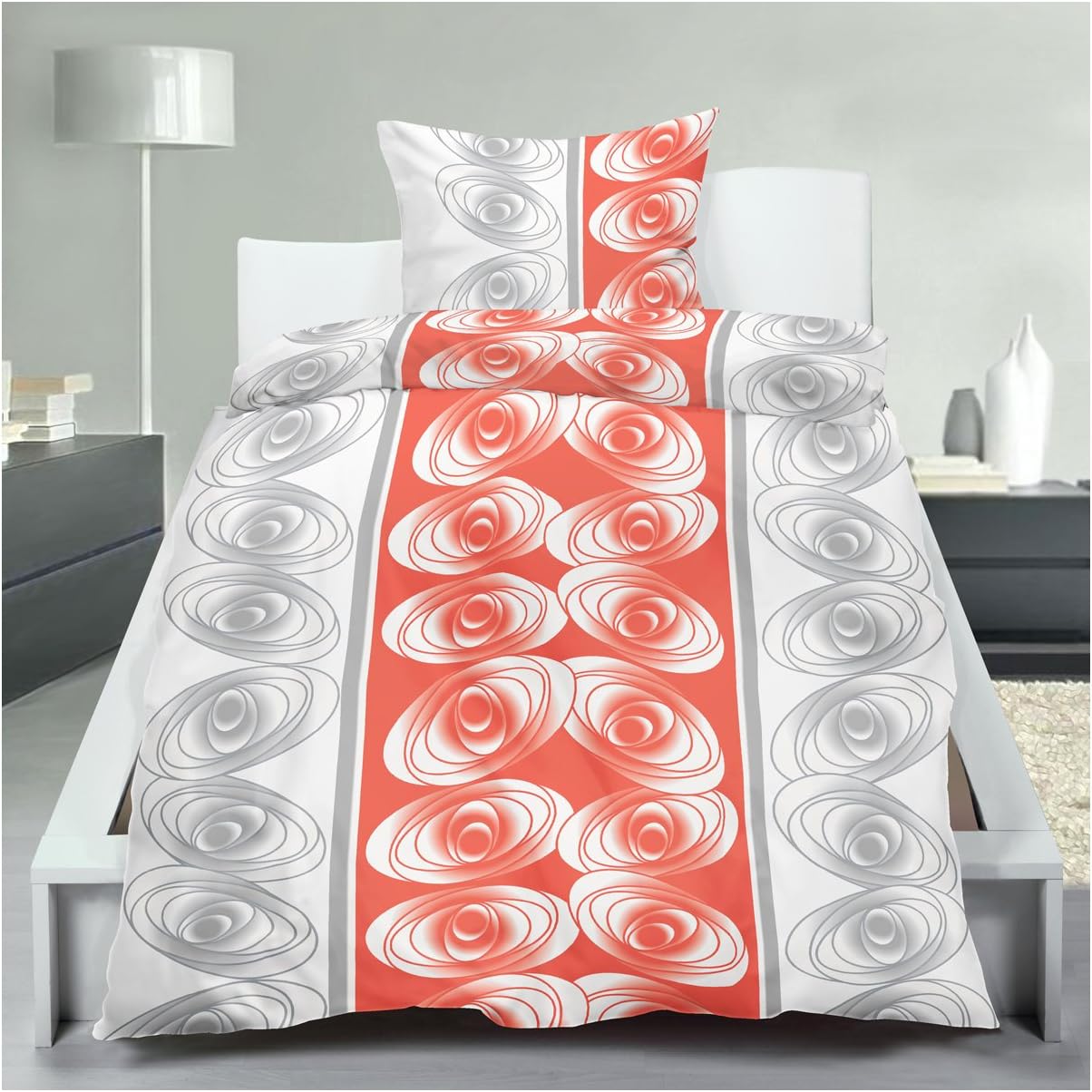 Microfibre Bed Linen 135 x 200/80 x 80 cm Summer 2 – 4 Piece Set Orange Grey White Circles, Microfibre, multicoloured, 2-teiliges Set