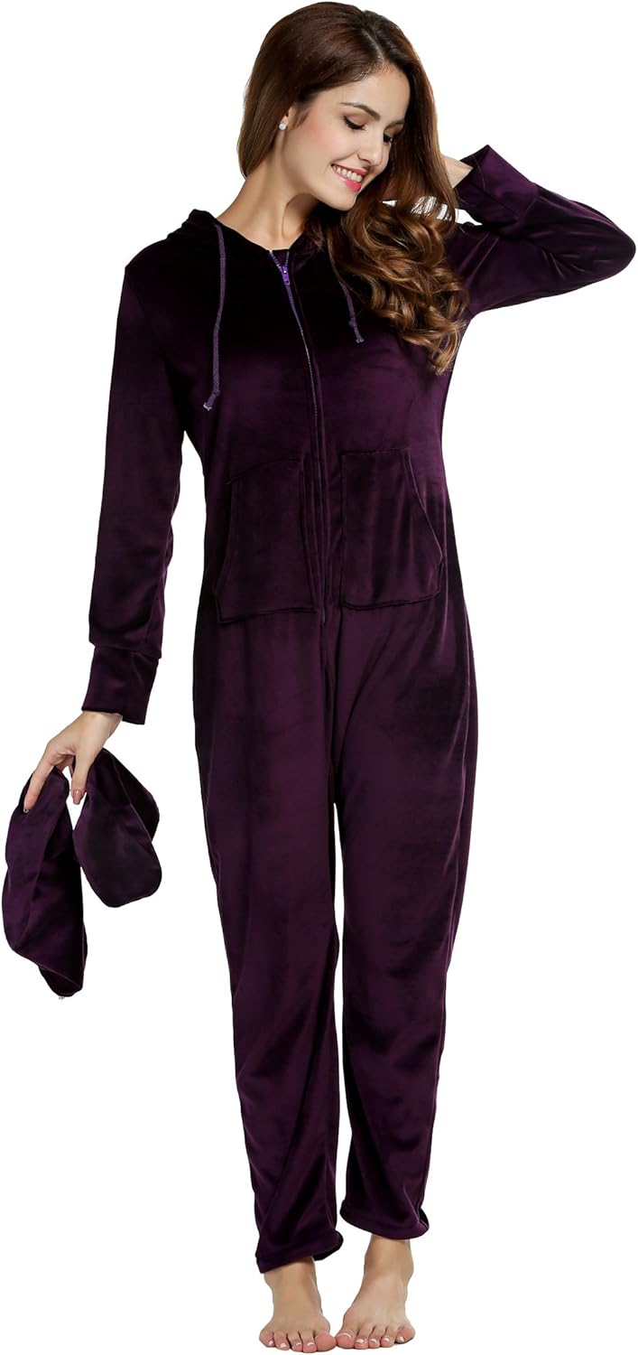 Unibelle Damen Jumpsuit Schlafanzug Fleece Schlafoverall Mit