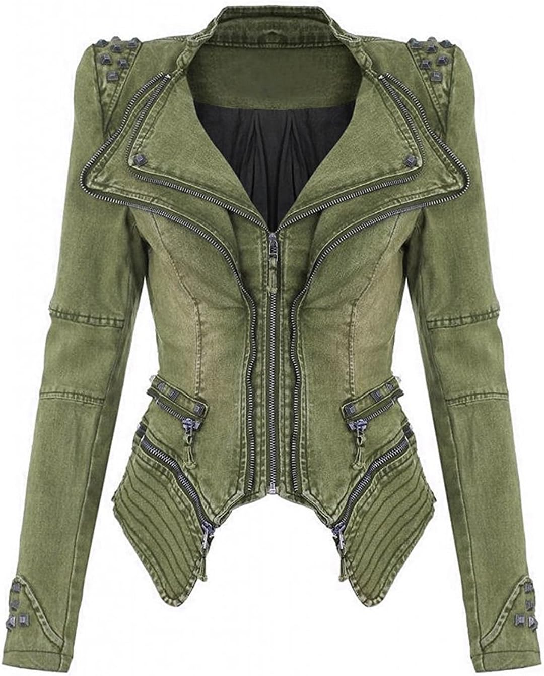 Womens Denim Jacket Zip Up Coat Biker Jacket Punk Coat Shoulder Pad Blazer Cardigan Short Jackets Rivet Jeans Jacket Transition Rivet Outwear Jackets Black Green Blue S - XXL
