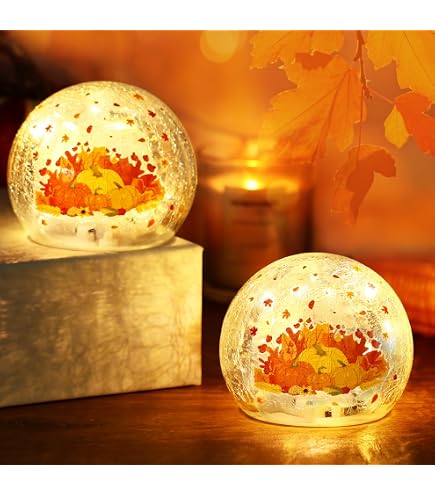 2 Boules Décoratives En Verre Lumineuses Thanksgiving/Automne - 3.9 Pouces - Multicolore - Neuf Sous Blister