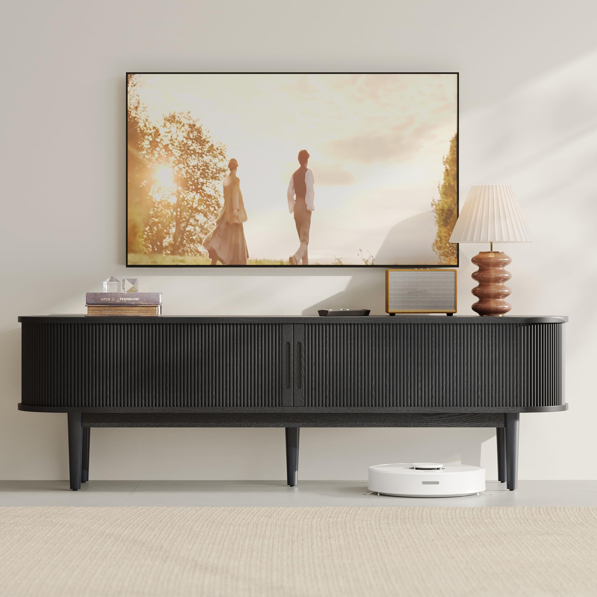 Photo 1 of LINSY HOME 70" Fluted TV Stand for TVs up to 80 Inch, Mid Century Modern Entertainment Center with Storage Cabinet and Sliding Doors, Farmhouse Wood Media TV Console for Living Room, Bedroom, Black