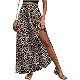 SweatyRocks Women's Boho Leopard Print Split Long Skirt High Waist A Line Skirts with Slit