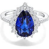 RANDES 4.5 Carat Teardrop Engagement Birthstone Ring Sterling Silver Pear Cut Sapphire/Ruby/Emerald/Amethyst/Aquamarine Halo Ring Promise Anniversary Rings for Women Size 6-10