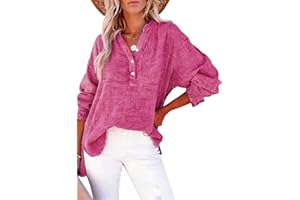 Womens Casual Gauze Button Neck Long Sleeve Oversized Blouses Tops Lightweight Loose V Neck Solid Pullover Shirts
