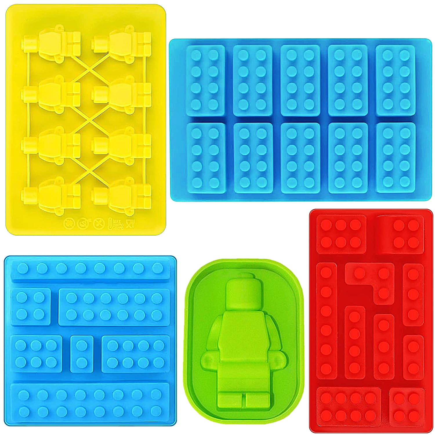 5 Pcs Chocolate Silicone Moulds, Building Bricks Multi-Size Candy Moulds, Robots Figures Jelly Molds, for Building Block Themes Kids Cake Cupcake Decorations, Candy Chocolate Baking Molds