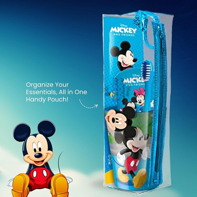 Mr.White Mickey Mouse - Juego de bolsas para niños, ideal para viajes, incluye cepillo de dientes manual con ventosa, tapa de viaje, pasta de dientes con sabor a menta suave para niños, 75 ml, y 1