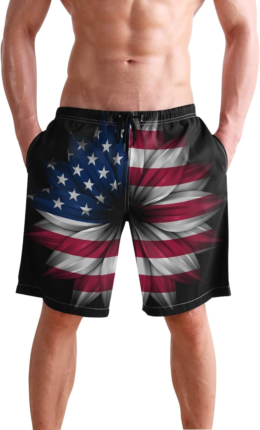 American Flag Flowers Swim Trunks for Men Summer Casual Beach Mens