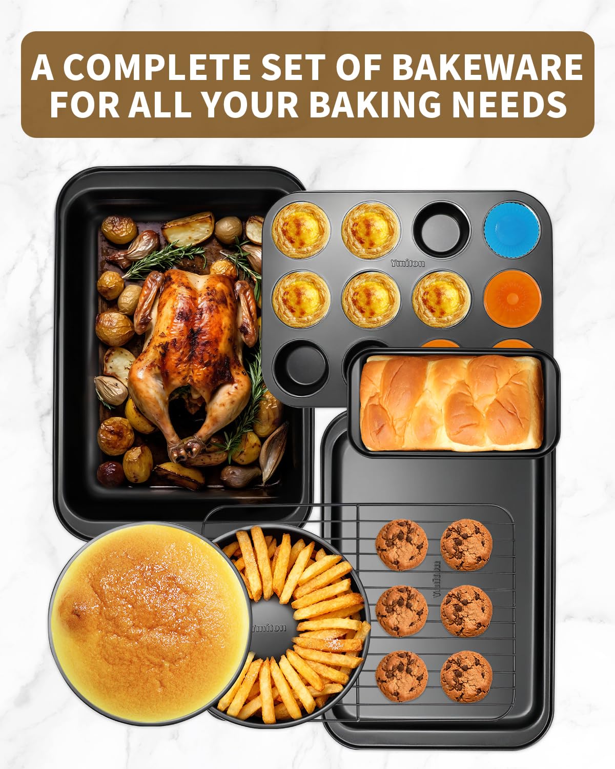 Ymiton Nonstick Baking Pans Set, 19 PCS Stackable Bakeware Sets, Oven Pan Set Includes Baking Tray, Cookie Sheet, Cake Pans, Loaf Pan, Muffin Pan, Silicone Cups