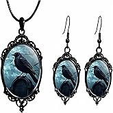 Gothic Halloween Earring Necklace Set for Women,Vintage Crow Bat Vampire Glass Pendent Necklace Punk Style Raven Witch Cameo Dangle Earrings Wicked Victorian Halloween Costume Accessories Jewelry