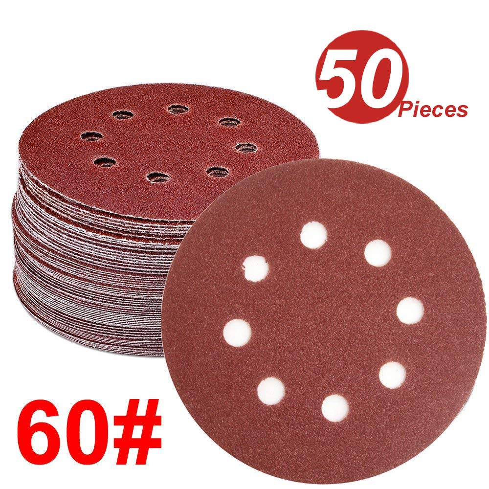 WINGONEER 50PCS Sanding Discs Pads, 5-Inch 8-Hole 60-Grit Hook and Loop Aluminium Oxide Sandpaper for Random Orbital Sander