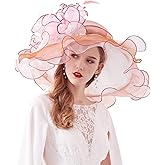Z&X Women Organza Church Derby Hat Wide Brim Sun Hats for Wedding Tea Party Fascinator Hat, Dual-use