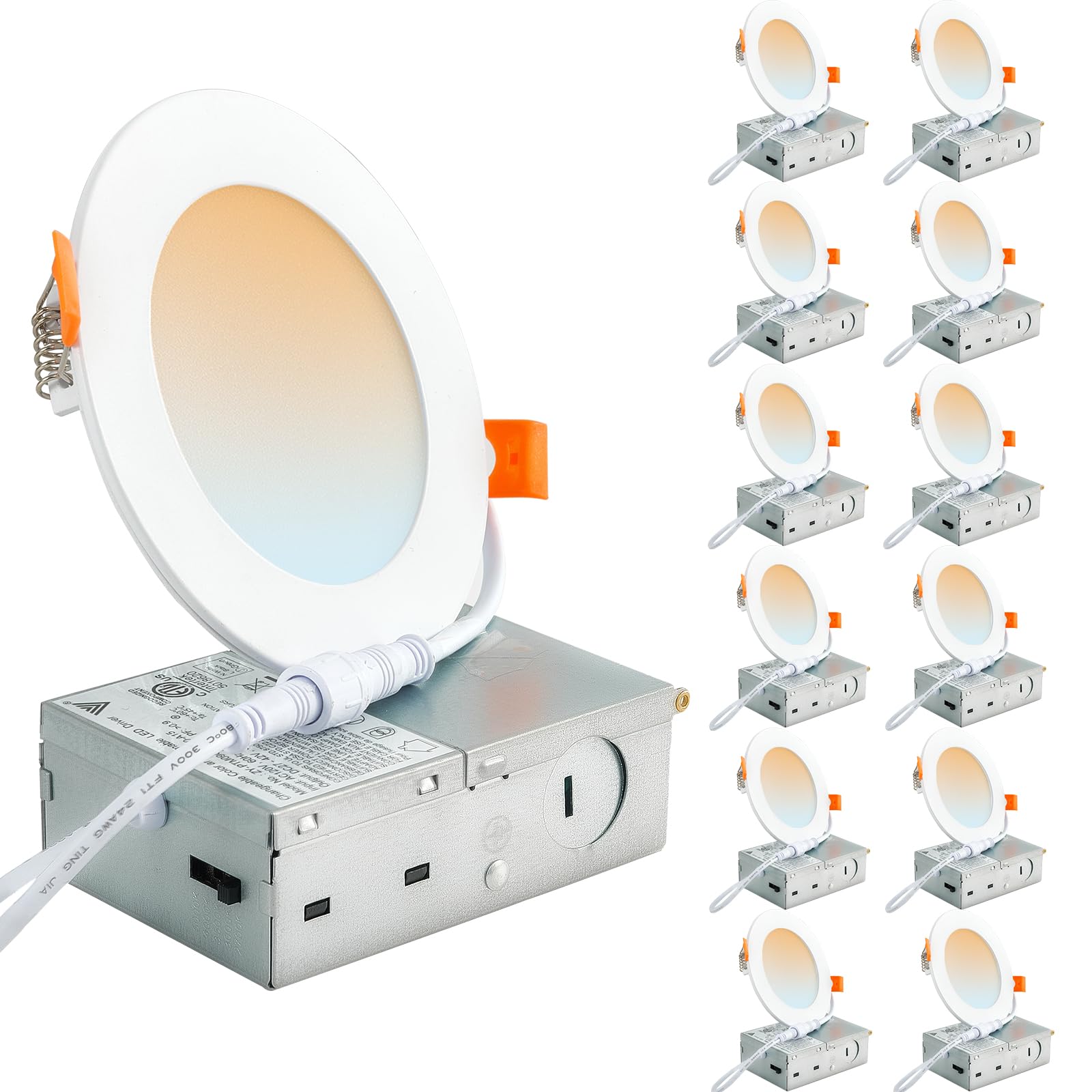 Photo 1 of DLLT LED Recessed Ceiling Lights: 12 Pack 4 Inch 5CCT Ultra-Thin Lighting with Junction Box for Bedroom - 900LM Brightness 9W Eqv 90W Dimmable Canless Wafer Downlight with ETL&FCC