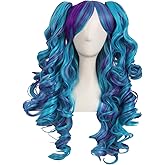 MapofBeauty Multi-color Lolita Long Curly Clip on Ponytails Cosplay Wig (Dark Purple/Cyan Blue)