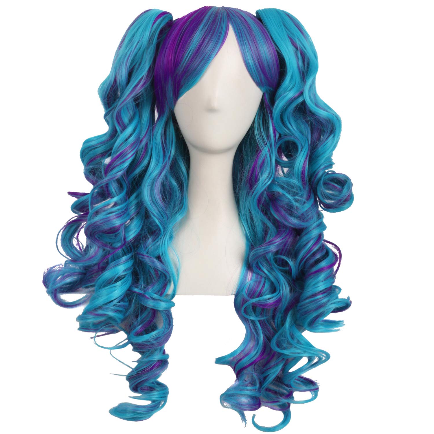 MapofBeauty Multi-color Lolita Long Curly Clip on Ponytails Cosplay Wig (Dark Purple/Cyan Blue) โ image 1